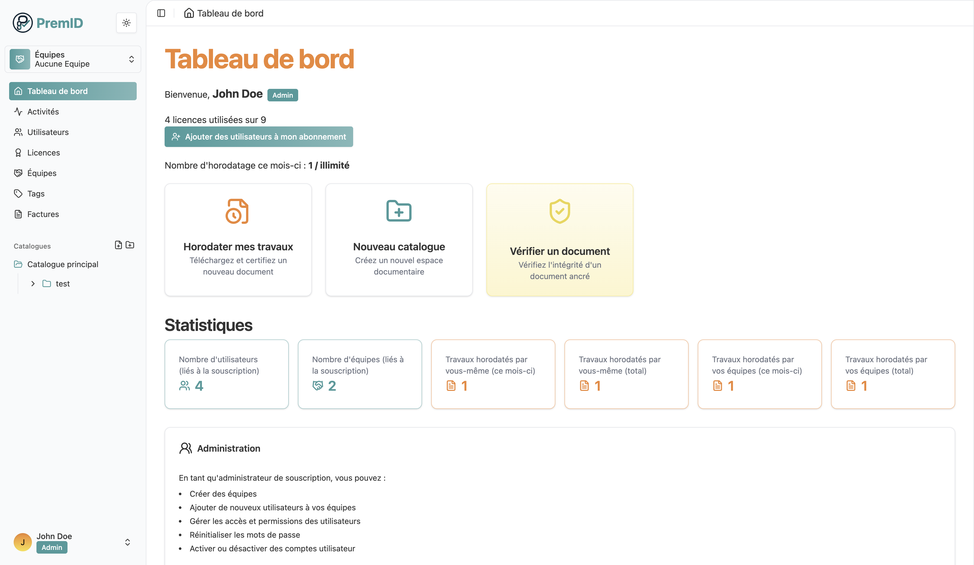 Interface PremID - Tableau de bord horodatage blockchain pour protection propriété intellectuelle